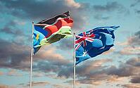 Beautiful national state flags of South Sudan and Australia together at the sky background. 3D artwork concept [IBR123569280]