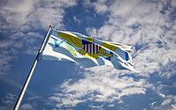 Beautiful national state flag of Virgin Islands fluttering at sky background. Low angle close-up Virgin Islands flag 3D artwork [IBR123569284]