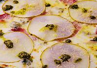 Food, Close up pizza with pear, cheese and ham [IBR123622449]