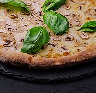Food, Mushroom pizza with cheese and basil [IBR123622451]