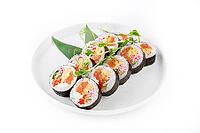 Food, Futomaki with salmon, crab, scrambled eggs, bell peppers, cream cheese and onions [IBR123622465]