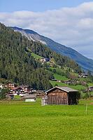 Alm with hay barn and mountains, Neustift im Stubai Valley, Stubai Valley, Stubai, Tyrol, Austria [IBR123622469]