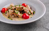 Food, Grilled chicken breast with cream sauce and tomatoes [IBR123622480]