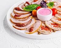 Food, Sliced meatloaf with peppers and capers [IBR123622498]