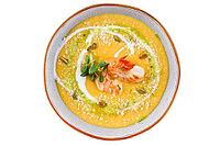 Food, Pumpkin soup with shrimp on a white background [IBR123622503]