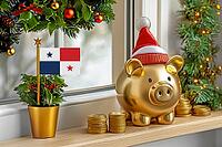Flag of Panama on a potted holly plant and golden piggy bank with hat and coins, sorrounded by festive decorations during Christmas holiday season.Business, finance and economy concept, AI generated [IBR123622506]