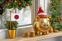 Flag of Japan on a potted holly plant and golden piggy bank with hat and coins, sorrounded by festive decorations during Christmas holiday season.Business, finance and economy concept, AI generated [IBR123622507]