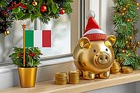 Flag of Italy on a potted holly plant and golden piggy bank with hat and coins, sorrounded by festive decorations during Christmas holiday season.Business, finance and economy concept, AI generated [IBR123622508]