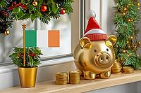 Flag of Ireland on a potted holly plant and golden piggy bank with hat and coins, sorrounded by festive decorations during Christmas holiday season.Business, finance and economy concept, AI generated [IBR123622509]