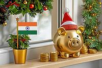 Flag of India on a potted holly plant and golden piggy bank with hat and coins, sorrounded by festive decorations during Christmas holiday season.Business, finance and economy concept, AI generated [IBR123622510]