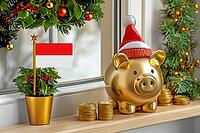 Flag of Indonesia on a potted holly plant and golden piggy bank with hat and coins, sorrounded by festive decorations during Christmas holiday season.Business, finance and economy concept, AI generated [IBR123622511]