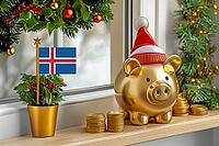 Flag of Iceland on a potted holly plant and golden piggy bank with hat and coins, sorrounded by festive decorations during Christmas holiday season.Business, finance and economy concept, AI generated [IBR123622512]