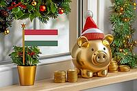 Flag of Hungary on a potted holly plant and golden piggy bank with hat and coins, sorrounded by festive decorations during Christmas holiday season.Business, finance and economy concept, AI generated [IBR123622513]