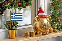 Flag of Greece on a potted holly plant and golden piggy bank with hat and coins, sorrounded by festive decorations during Christmas holiday season.Business, finance and economy concept, AI generated [IBR123622515]