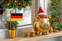 Flag of Germany on a potted holly plant and golden piggy bank with hat and coins, sorrounded by festive decorations during Christmas holiday season.Business, finance and economy concept, AI generated [IBR123622516]