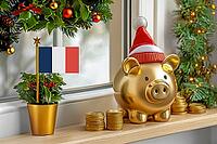 Flag of France on a potted holly plant and golden piggy bank with hat and coins, sorrounded by festive decorations during Christmas holiday season.Business, finance and economy concept, AI generated [IBR123622517]