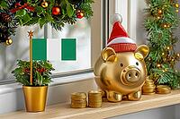 Flag of Nigeria on a potted holly plant and golden piggy bank with hat and coins, sorrounded by festive decorations during Christmas holiday season.Business, finance and economy concept, AI generated [IBR123622518]