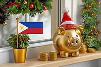 Flag of Philippines on a potted holly plant and golden piggy bank with hat and coins, sorrounded by festive decorations during Christmas holiday season.Business, finance and economy concept, AI generated [IBR123622519]