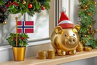 Flag of Norway on a potted holly plant and golden piggy bank with hat and coins, sorrounded by festive decorations during Christmas holiday season.Business, finance and economy concept, AI generated [IBR123622520]