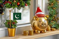 Flag of Pakistan on a potted holly plant and golden piggy bank with hat and coins, sorrounded by festive decorations during Christmas holiday season.Business, finance and economy concept, AI generated [IBR123622521]