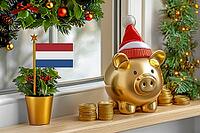 Flag of the Netherlands on a potted holly plant and golden piggy bank with hat and coins, sorrounded by festive decorations during Christmas holiday season.Business, finance and economy concept, AI generated [IBR123622522]