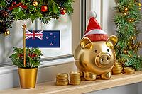 Flag of New Zealand on a potted holly plant and golden piggy bank with hat and coins, sorrounded by festive decorations during Christmas holiday season.Business, finance and economy concept, AI generated [IBR123622524]