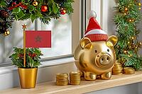 Flag of Morocco on a potted holly plant and golden piggy bank with hat and coins, sorrounded by festive decorations during Christmas holiday season.Business, finance and economy concept, AI generated [IBR123622525]