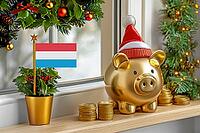 Flag of Luxembourg on a potted holly plant and golden piggy bank with hat and coins, sorrounded by festive decorations during Christmas holiday season.Business, finance and economy concept, AI generated [IBR123622526]