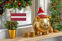 Flag of Latvia on a potted holly plant and golden piggy bank with hat and coins, sorrounded by festive decorations during Christmas holiday season.Business, finance and economy concept, AI generated [IBR123622528]