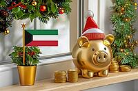 Flag of Kuwait on a potted holly plant and golden piggy bank with hat and coins, sorrounded by festive decorations during Christmas holiday season.Business, finance and economy concept, AI generated [IBR123622529]