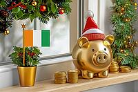 Flag of Ivory Coast on a potted holly plant and golden piggy bank with hat and coins, sorrounded by festive decorations during Christmas holiday season.Business, finance and economy concept, AI generated [IBR123622530]