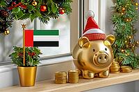Flag of United Arab Emirates on a potted holly plant and golden piggy bank with hat and coins, sorrounded by festive decorations during Christmas holiday season.Business, finance and economy concept, AI generated [IBR123622531]