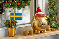 Flag of Sweden on a potted holly plant and golden piggy bank with hat and coins, sorrounded by festive decorations during Christmas holiday season.Business, finance and economy concept, AI generated [IBR123622536]