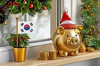 Flag of South Korea on a potted holly plant and golden piggy bank with hat and coins, sorrounded by festive decorations during Christmas holiday season.Business, finance and economy concept, AI generated [IBR123622537]