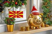 Flag of North Macedonia on a potted holly plant and golden piggy bank with hat and coins, sorrounded by festive decorations during Christmas holiday season.Business, finance and economy concept, AI generated [IBR123622539]
