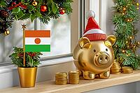 Flag of Niger on a potted holly plant and golden piggy bank with hat and coins, sorrounded by festive decorations during Christmas holiday season.Business, finance and economy concept, AI generated [IBR123622540]