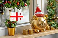 Flag of Georgia on a potted holly plant and golden piggy bank with hat and coins, sorrounded by festive decorations during Christmas holiday season.Business, finance and economy concept, AI generated [IBR123622541]