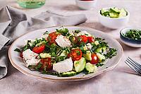 Homemade salad with cucumber, tomatoes, chicken and herbs on a plate on the table [IBR123629683]