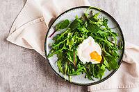 Close up of poached egg in arugula and chard leaves on a plate on a table top view [IBR123629696]