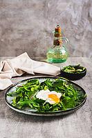 Poached egg in arugula and chard leaves on a plate on a table vertical view [IBR123629700]