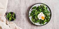 Leafy greens and poached egg on a plate on a table top view web banner [IBR123629705]