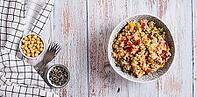 A bowl of cooked rice and vegetables for garnish on the table top view web banner [IBR123629727]