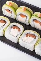 Food, Close-up of sushi rolls made of sausage and covered with cabbage and ketchup. Homemade asian style. Sushi-food hybrids trend. Japanese food [IBR123638347]