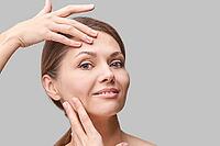 Pure skin care mature beauty portrait. Cosmetology plastic foundation. Anti wrinkle senior cream. Elegant Hands near female head. Medical treatment clinic. Woman nature makeup [IBR123638349]