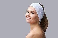 Pure skin care mature beauty portrait. Cosmetology plastic foundation. Anti wrinkle senior cream. Elegant Hands near female head. Medical treatment clinic. Woman nature makeup [IBR123638389]