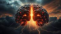 Two glowing hemispheres of the brain illuminate from within, surrounded by intense weather, dark clouds, and abstract neural connections representing thought and creativity. AI generated [IBR123641825]