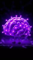 A vivid purple brain supported by legs made of glowing connections showcases a blend of technology and creativity. The luminous connections highlight neural activity and innovation. AI generated [IBR123641832]