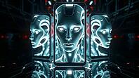 Glowing humanoid AI figures with striking features appear on phone screens, creating a futuristic atmosphere surrounded by a cinematic digital landscape filled with vibrant colors. Concept of using AI in conspiracy theories, manipulations, and fake news.  [IBR123641836]