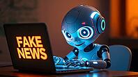 A glowing AI powered robot sits at a table, actively typing on a laptop. The room is dimly lit, highlighting the screen that displays the phrase fake news prominently as it creates misleading content. AI generated [IBR123641838]