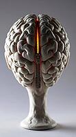 A captivating sculpture features a woman's brain with two hemispheres joined by a zipper. Backlit to create a stunning silhouette, the artwork explores the connection between thoughts and identity. AI generated [IBR123641839]
